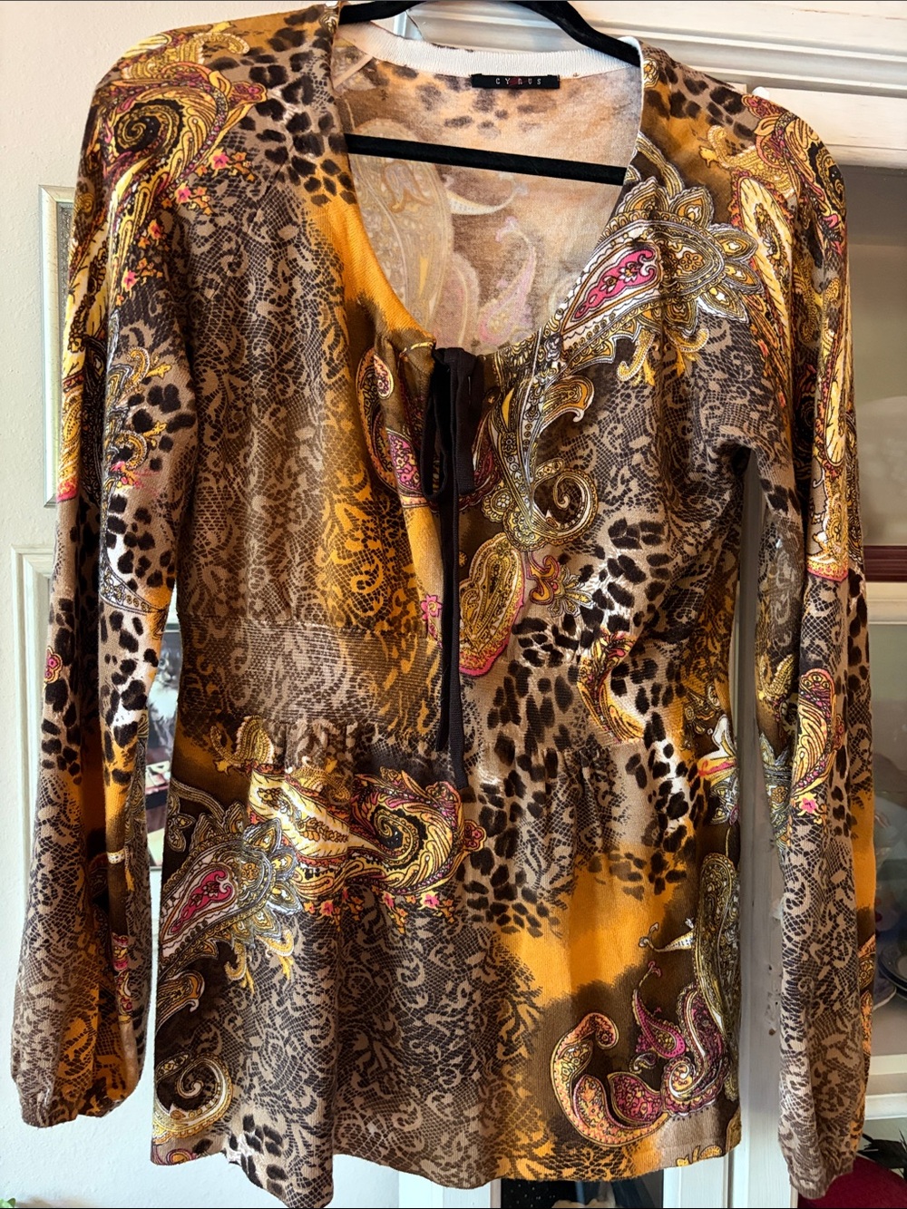 Cyrus , Vintage Y2K mixed print tunic sweater featuring fall colors and print. S